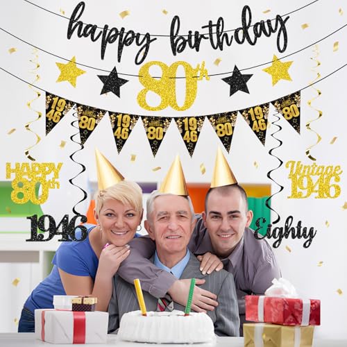 12PCS 80th Birthday Decorations for Men Women, Black Gold Vintage 1946 Happy 80th Birthday Banner Triangle Flag Banner Glitter Hanging Swirls Party Supplies, Cheers to 80 Years Old Bday Decor - style: Black Gold 80th