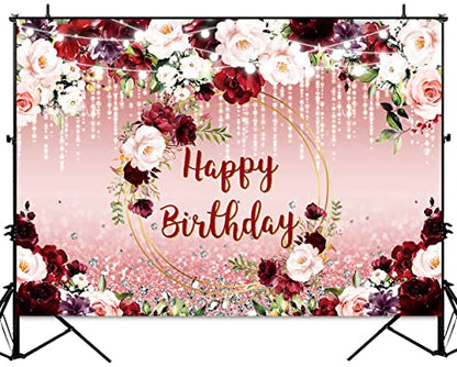 Sensfun Floral Happy Birthday Backdrop Burgundy Flowers Rose Gold Glitter Bokeh Spots Photo Background Vinyl Women Birthday Party Cake Table Decorations Photoshoot Banner (7x5ft) - size: 7x5ft