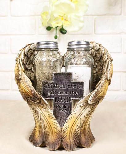 Ebros Gift Decorative Holy Cross Children Are A Gift From The Lord Psalms 127:3 Angel Wings Salt And Pepper Shakers Holder Set in Spiritual Religious Christian Decor Sculpture Kitchen Dining Accent