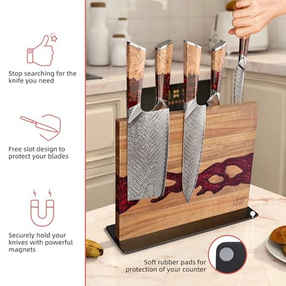 FINDKING Magnetic Knife Block, Double Sided Holder, Powerful Magnet Kitchen Storage, Acacia Wood and Red Resin (12 x 10 Inches, Without Knives) - color: Red