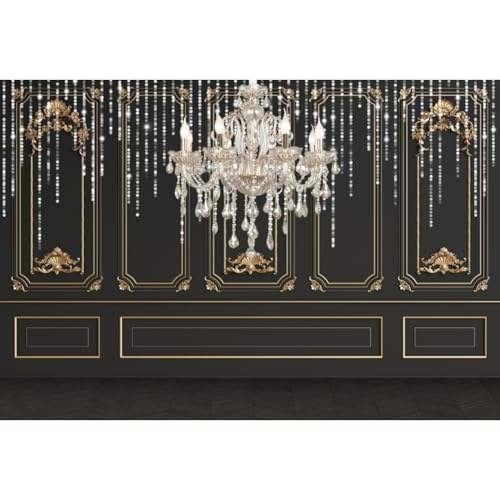 Yeele 12x8ft Vintage Room Inside Backdrop Luxurious Crystal Chandelier European Style Black and Gold Wall Photoshoot Background for Wedding Birthday Party Decor Artistic Portrait Photo Shoot Props - size: 12x8ft