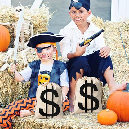 4pcs 7x13.8 Inches Canvas Money Bags - Costume Money Bag Prop with Dollar Sign, Money Sacks for Halloween Bank Robber Pirate Cowboy Cosplay Theme Party - size: M-7 x13.8 in
