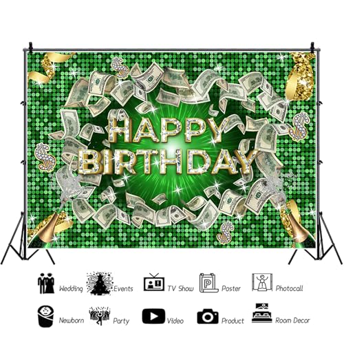 Renaiss 9x6ft Money Green Backdrop Champagne Diamonds Dollar Bill Photography Background Money Casino Theme Party Decors Happy Birthday Banner Photo Booth Props - size: 9x6ft
