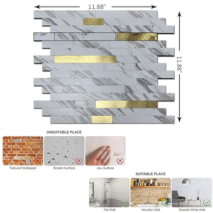 10-Sheet Peel and Stick Backsplash Tile, PVC Mixed Meta,l Stick on Kitchen, Bathroom Vanities, Fireplace Décor, Laundry Table(11.2" X 12.7") (10, White Marble + Golden) - color: White Marble + Golden