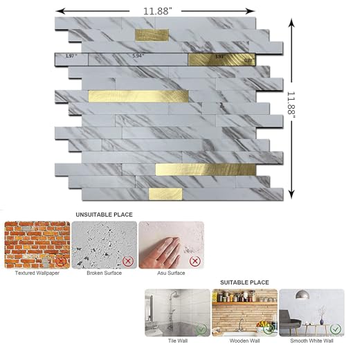 10-Sheet Peel and Stick Backsplash Tile, PVC Mixed Meta,l Stick on Kitchen, Bathroom Vanities, Fireplace Décor, Laundry Table(11.2" X 12.7") (10, White Marble + Golden) - color: White Marble + Golden