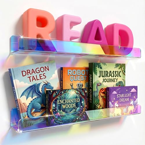 24 inches Iridescent Acrylic Bookshelf for Kids, Wall Mounted Kids Display Book Shelves for Room Nursery Toddler Classroom (2 Packs) - color: 24in-iridescent