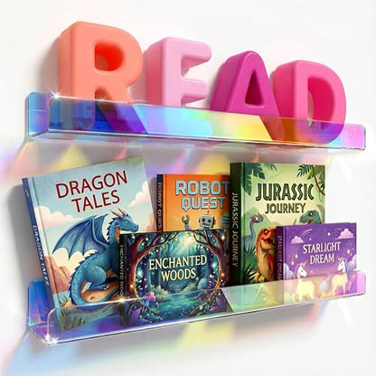 24 inches Iridescent Acrylic Bookshelf for Kids, Wall Mounted Kids Display Book Shelves for Room Nursery Toddler Classroom (2 Packs) - color: 24in-iridescent