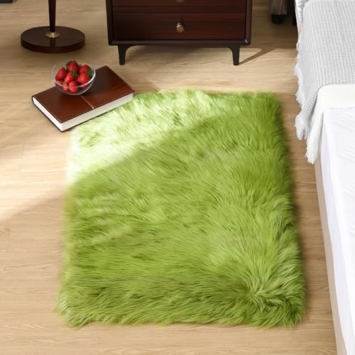Goolela Lime Green Fluffy Fuzzy Fur Rug for Bedroom 2x3 Faux Sheepskin Area Rug Furry Shaggy Dorm Bedside Soft Washable Rectangle - color: Olive Green, size: 2' x 3' (Rectangular)