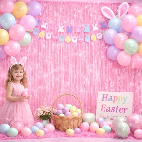 Melsan Pink Foil Fringe Curtain Easter Decorations for Home – 3 Pack 3.2 x 8.2 ft Shiny Tinsel Backdrop for Bachelorette Party, Disco Y2K Decorations, Girls Birthday & Photo Booth Backdrop - color: Pink