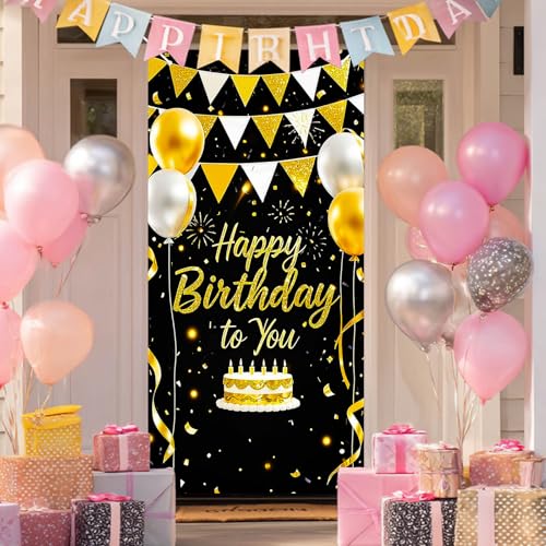 HOMETITUTE Birthday Door Cover 71x35 Inch Black and Gold Birthday Banner for Party Decorations Happy Birthday to You Backdrop Sign with Balloons Cake for Wall Party Supplies - color: Black and Gold