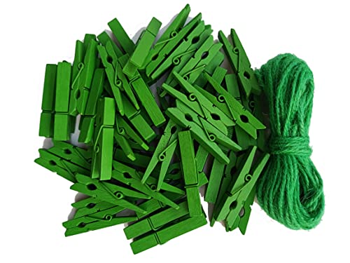 1.9 Inch Green Wooden Clips with Jute Twine Display Artwork DIY Craft Project Photo Garland Travel Clothespins Pack 50 - color: 50pcs (2 Inch) Green + Jute Twine