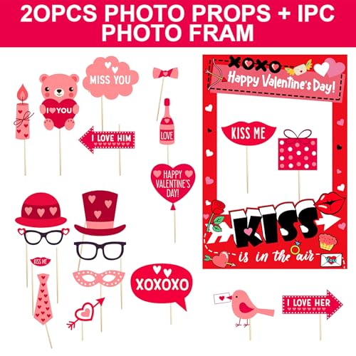Valentine’s Day Photo Booth Props Frame, Love Heart Kiss Selfie Photobooth Props, Happy Valentine’s Day Photo Props for Wedding, Anniversary & Party Decorations