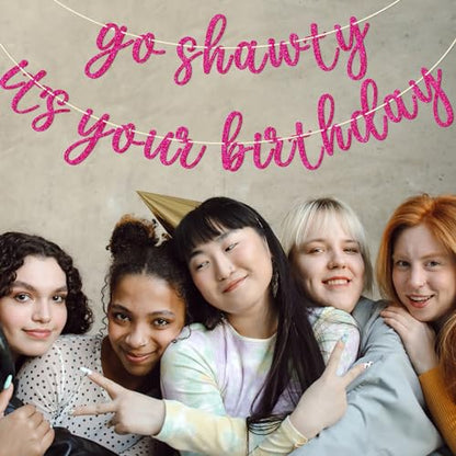 Go Shawty It's Your Birthday Banner, Hip Hop Birthday Party Decorations Supplies, Rap Theme Bday Bunting Sign, Pre-strung, Photo Props (Pink) - color: Pink