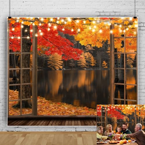 Fall Window Backdrop for Photoshoot 10x8ft Autumn Forest Lake Natural Landscape Outside The Window Photography Background for Fall Party Decorations Wall Decor Photo Studio Booth Props - size: 10x8ft