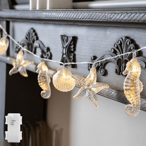YOLIGHT Seashell Starfish Seahorse String Lights Timer 6.5ft 10 LED Ocean Fairy Lights Battery Operated Under The Sea Decoration for Tropical Nautical Theme Party Beach Wedding Kids Room Décor - style: Ocean Theme