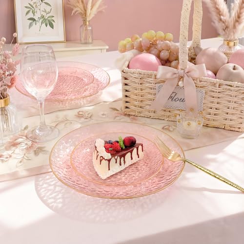 I00000 150Pcs Clear Pink Plastic Plates with Gold Rim,Pink Disposable Plates,Clear Hammer Patterned Disposable plates Set include 30 Dinner Plate,30 Dessert Plate,90 Plastic Silverware Set for Party - color: Clear Pink