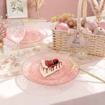 I00000 150Pcs Clear Pink Plastic Plates with Gold Rim,Pink Disposable Plates,Clear Hammer Patterned Disposable plates Set include 30 Dinner Plate,30 Dessert Plate,90 Plastic Silverware Set for Party - color: Clear Pink