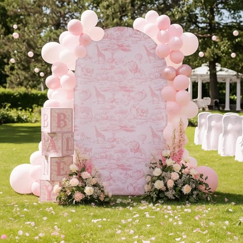 VitalCozy 7.2ft Pink Toile De Jouy Arch Backdrop Cover Safari Jungle Themed Baby Shower Spandex Arch Stand Covers Round Top Backdrop Cover for Safari Chinoiserie Baby Shower Decorations Photoshoot - color: Baby Shower, size: 7.2 Ft