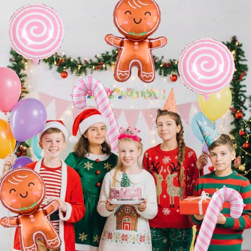 Biapian Christmas Balloons Decorations, Large Gingerbread Man Balloons Foil Pink Candy Cane Balloon Helium for Christmas Baby Shower Holiday Xmas New Year Birthday Party Decorations Supplies - style: Pink Xmas