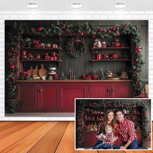 Leowefowa Christmas Backdrop Kitchen Rustic Style Photo Background 12x8ft Fabric Christmas Kitchen Photography Backdrop Xmas Cabinets Photo Backdrops Family Party Decor New Year Banner Props Vinyl - size: 12x8ft