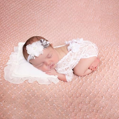 Newborn Lace Romper, 2 PCS Baby Girl Photography Props, Newborn Girl Photography Outfits with Flower Headband for Infants - color: White