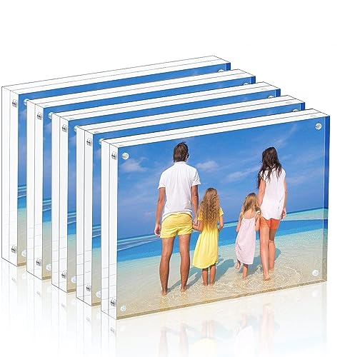 Meetu Acrylic Picture Frame 3.5 x 5 inch,5 Pack Clear Freestanding Double Sided 20mm Thickness Frameless Magnetic Photo Frames Desktop Display with Gift Box Package - size: 3.5x5"(5 Pack)