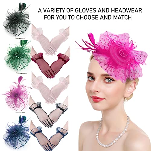Fascinators Hats with Gloves Set for Women 20s 50s Cocktail Tea Party Wedding Costume Headwear - color: 02 Hot Pink