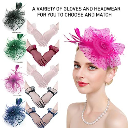 Fascinators Hats with Gloves Set for Women 20s 50s Cocktail Tea Party Wedding Costume Headwear - color: 02 Hot Pink