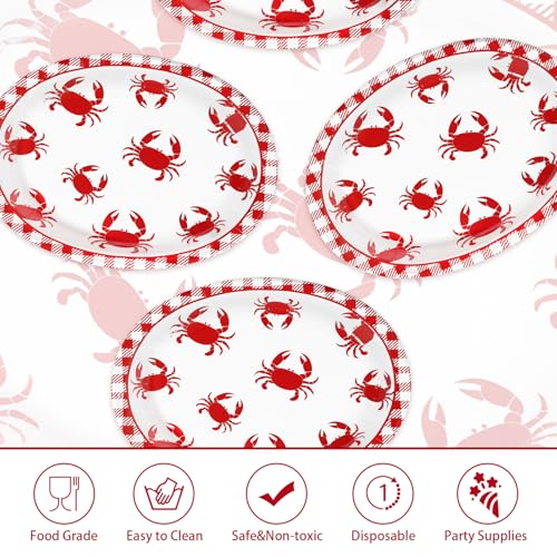 Grencian 50Pcs Crab Boil Oval Paper Plates 10"×12" Large Red Gingham Crab Party Plates Disposable Heavy Duty Summer Seafood Boil Party Supplies for BBQ Picnic Cookout Gathering Carnival Birthday Decor - style: Crab Oval Plates