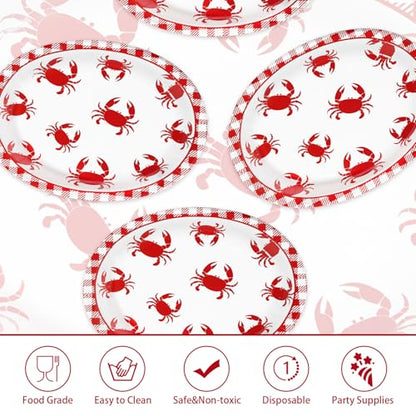 Grencian 50Pcs Crab Boil Oval Paper Plates 10"×12" Large Red Gingham Crab Party Plates Disposable Heavy Duty Summer Seafood Boil Party Supplies for BBQ Picnic Cookout Gathering Carnival Birthday Decor - style: Crab Oval Plates