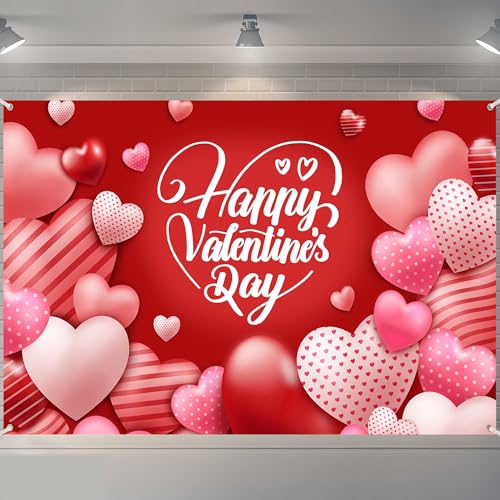 Valentine's Day Photography Backdrop 72 x 44 Inch - Pink Red Heart Filled Happy Valentine's Day Banner for Romantic Shoots - color: Red