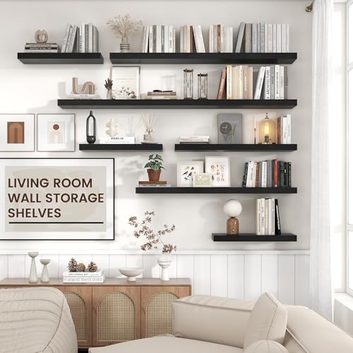 Venusmiles Floating Shelves for Wall, Engineered Wood Wall Shelves with Invisible Brackets for Living Room Bedroom Bathroom Office Kitchen Decor and Storage (Black, 24" W x 9" D x 1.5" H) Set of 2 - color: Cool Black, size: 24"W, Set of 2