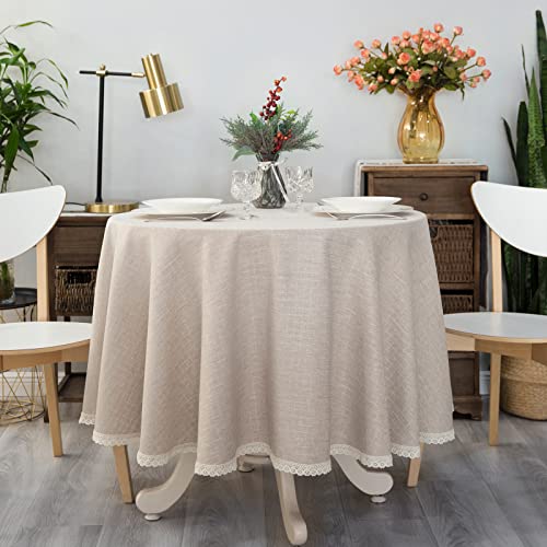 GLORY SEASON Textured Tablecloth Linen-Look Rustic Burlap Stlye Washable Solid Heavy Weight Lace Trim Fabric Table Cloth,Table Cover for Kitchen Dinning Tabletop Decoration 108 in Round Beige - size: 108" (Round)