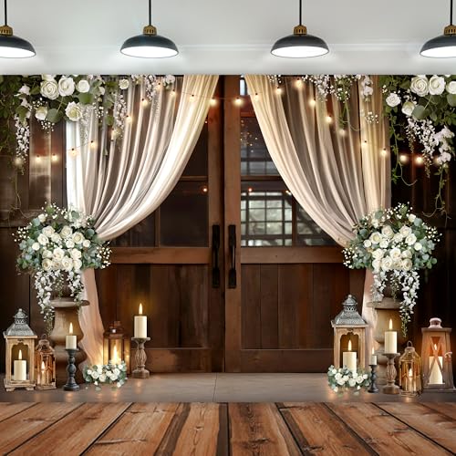 Wedding Rustic Barn Door Backdrop 7Wx5H Feet Bridal Country Western White Floral Vintage Wooden Light Polyester Fabric Anniversary Photography Backgrounds Photo Shoot Decor Props Decoration - color: Rustic Barn Door02, size: 7Wx5H