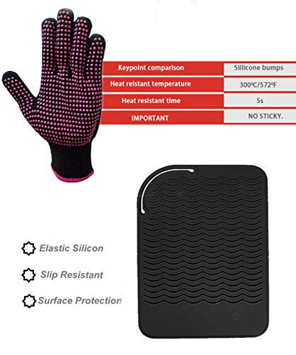 Heat Resistant Silicone Glove and Mat Set for Curling Iron, Hair Straightener, Flat Irons - 9" x 6.5" Food Grade Silicone Mat, Black - color: Black G