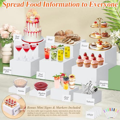 10 Pcs White Acrylic Buffet Risers with Mini Sign and Marker, Food Display Stands for Buffet Table Party Catering Dessert Jewelry Collectibles, Acrylic Cube Nesting Boxes with Hollow Bottoms 8 Sizes (10" 9" 8" 7" 6" 5" 4" 4" 3" 3") - size: 10" 9" 8" 7" 6"