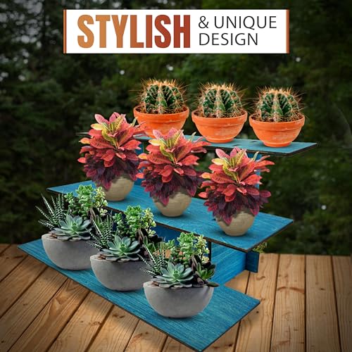 3-Tier Straight Retail Table Display Stand with Shelves for Products | 3 Step Straight Display Rack for Counter Top, Craft Shows, Farmers Market, Trade Shows, Pop ups, Soap Display, Candles (Blue) - color: Blue