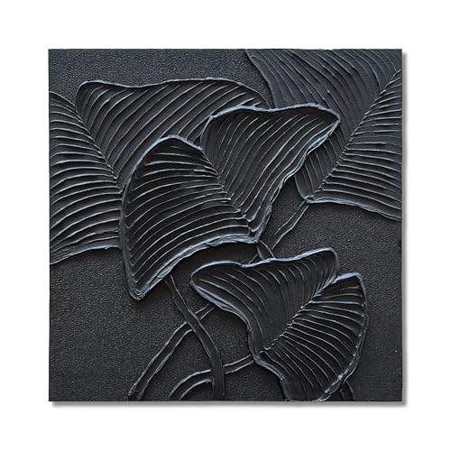 NANKAI Art Hand-Painted Black Leaf Texture Abstract Art Contemporary Minimalist Canvas Oil Painting, Home Living Room Corridor Wall Decoration Art, 24x24 inches - color: Nkhb345