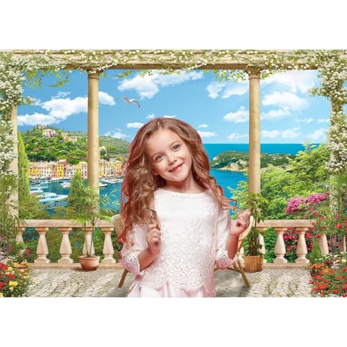 Coastal City Backdrop Mediterranean City Sea Bay Old Town Terrace View Photography Background Seaside Balustrade Columns Balcony View Blossoming Flowers Cafe Table Backdrop Decors Props 5x3ft - color: White_Blue, size: 5x3ft