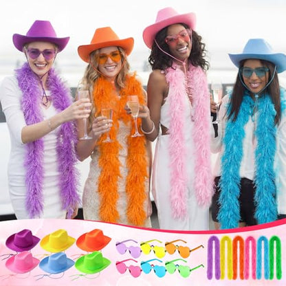 18 Pcs/6 Set Feather Boas Party Pack Include Fluffy Artificial Feather Boas Heart Sunglasses and Cowgirl Hats Bachelorette Accessories Neon Photo Props for Birthday Wedding Costume Parties