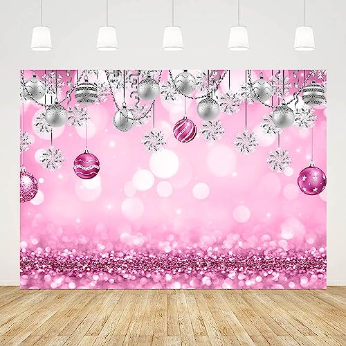 AIBIIN 8x6ft Winter Wonderland Backdrop Snowflake Pink Sliver Glitter Pearl Bokeh Photography Background Christmas Baby Shower Party Decoration Banner Snow Birthday Photo Studio Booth Props - size: 8x6ft