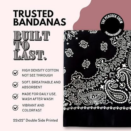 The Peacock Crew Premium Soft Cotton Bandanas Pack for Men and Women Paisley 22 x 22 inches - color: Pack of 10 Black White