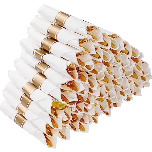 Goodluck 50 Pack Pre Rolled Gold Plastic Silverware, Wrapped Plastic Cutlery Set with Napkin Include 50 Forks, 50 Knives, 50 Spoons and 50 Napkins, Fancy Disposable Silverware for Party, Wedding - size: 50pc, style: Gold