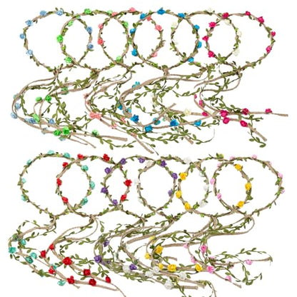 12PCS Multicolor Flower Crown Floral Headband Wreath Garland Headbands, 16 Pieces Flowers Tie on Ratton and Hemp Rope,Unique Design for Women Wedding Party Photo Props