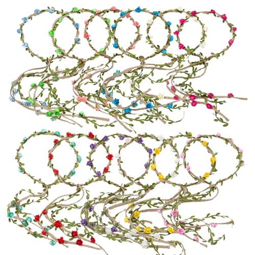 12PCS Multicolor Flower Crown Floral Headband Wreath Garland Headbands, 16 Pieces Flowers Tie on Ratton and Hemp Rope,Unique Design for Women Wedding Party Photo Props