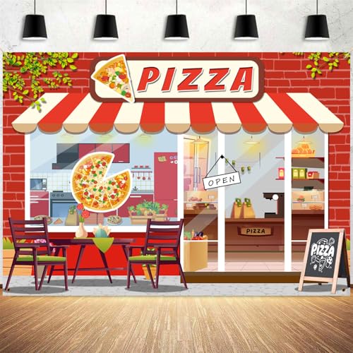 Pizza Shop Backdrop Kids Cooking Theme Vintage Pizzeria Photography Background Baby Shower Boys Girls Birthday Party Cake Table Decor Banner Portrait Photo Booth Studio Props 10x7ft FU030DX - size: 10x7ft