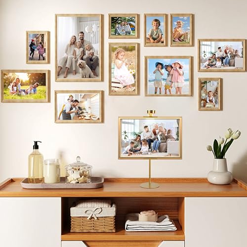 Adjustable Desktop Photo Frame Stand with Magnetic Wall Painting Light, Holds Picture Frames up to 18 Inch,with Rechargeable Battery,Metal Vertical Stand with 3 Color Temperature & 13RGB Poster Lights, for Displaying Picture Frames, Artworks (1 Pack, Gold
