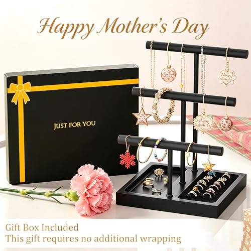 SZQINJI Bracelet Holder Display Organizer Stand, Necklace Holder Jewelry Holder Stand, Solid Wood Base with 3 Tier Metal T-bar for Bracelet Necklace Scrunchie Wristband Bangle Watch Ring, Black - size: 3 Tier