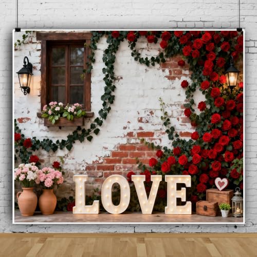 10x8ft Valentines Day Backdrop Rustic Wooden Window Greenery White Rose Wall Valentine Photo Props for Photoshoot Happy Galentines Photography Background Valentine's Day Party Decorations Wall Decor - color: Red, size: 10x8ft