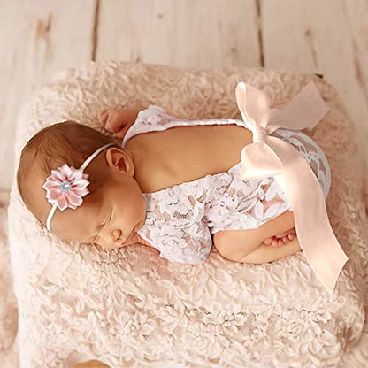 4 PCS Newborn Photography Props Outfits-BabyTutu Skirt Cute Bow Headdress and Lace Rompers Flower Headband Sets for Infants Girl Boy White